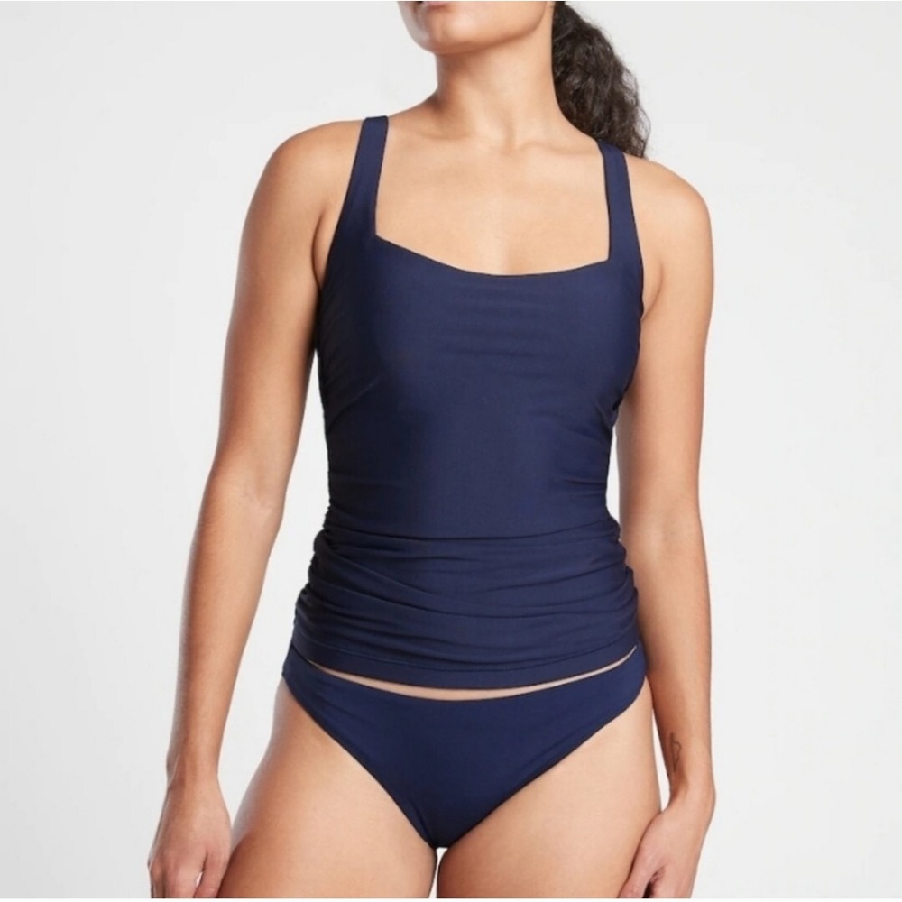 New Athleta Tankini 34D 34DD Square Neck Bra Cup Swim Top Navy Blue NWT Ruching